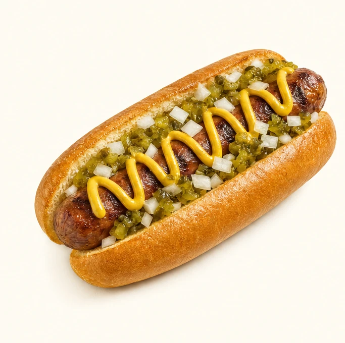 Classic Express with Yellow mustard, Sweet relish, Diced onion