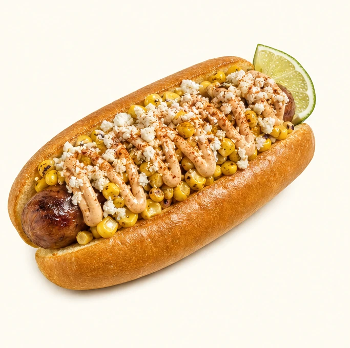 Elote Loco with Sweet corn, Cotija, Chili-lime mayo, Tortilla crunch