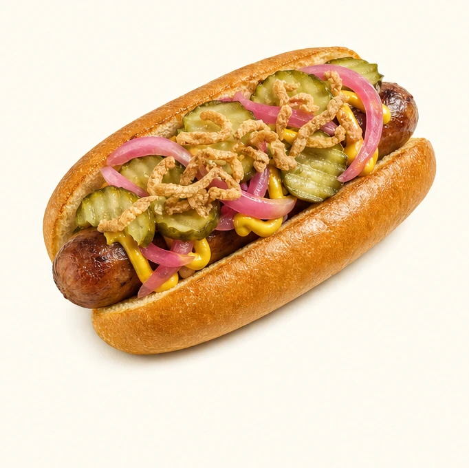 Pickle Me Pink with Dill pickle chips, Pink onions, Yellow mustard, Crispy onions