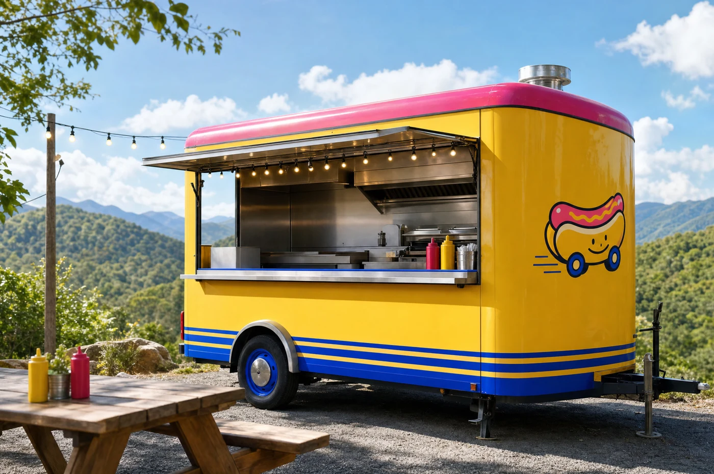 Wiener Express yellow, pink, and cobalt food truck brand concept in the Blue Ridge foothills